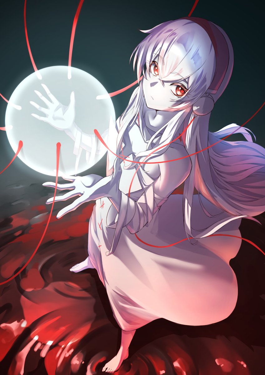 1girl, bandages, barefoot, blood, breasts, cleavage, colored_skin, commentary