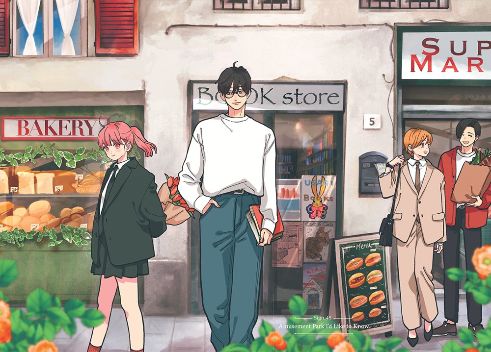 2boys, 2girls, bag, bakery, belt, black_bag, black_belt, black_hair