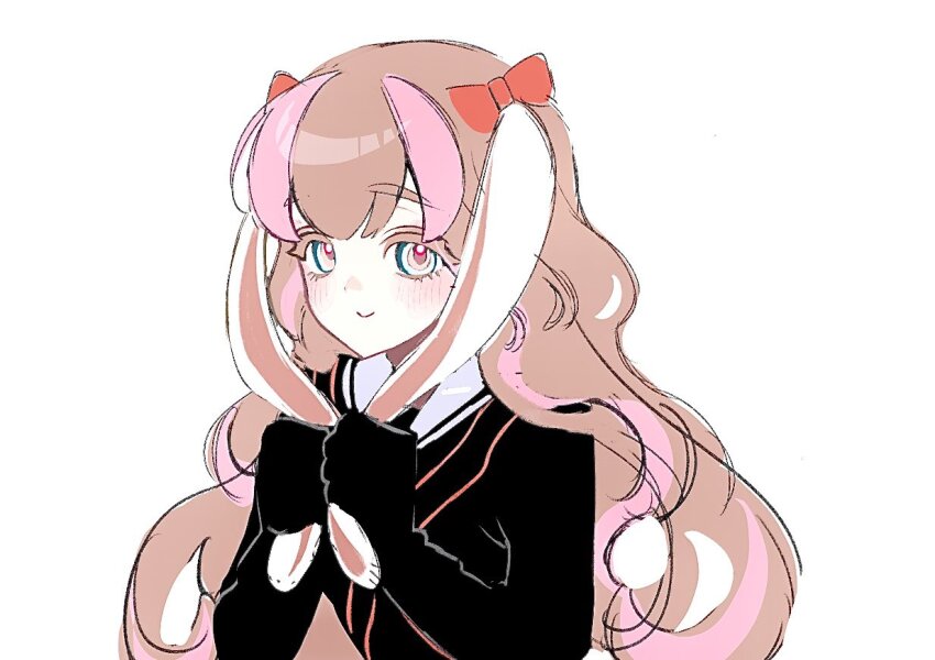 1girl, blush, brown_hair, gloves, inazuma_eleven_(series), inazuma_eleven_victory_road, looking_at_viewer, mikagami_seren, multicolored_hair, pink_hair, simple_background, soccer_uniform, solo, sportswear, tantanmen_1299, twitter, two-tone_hair, upper_body, white_background