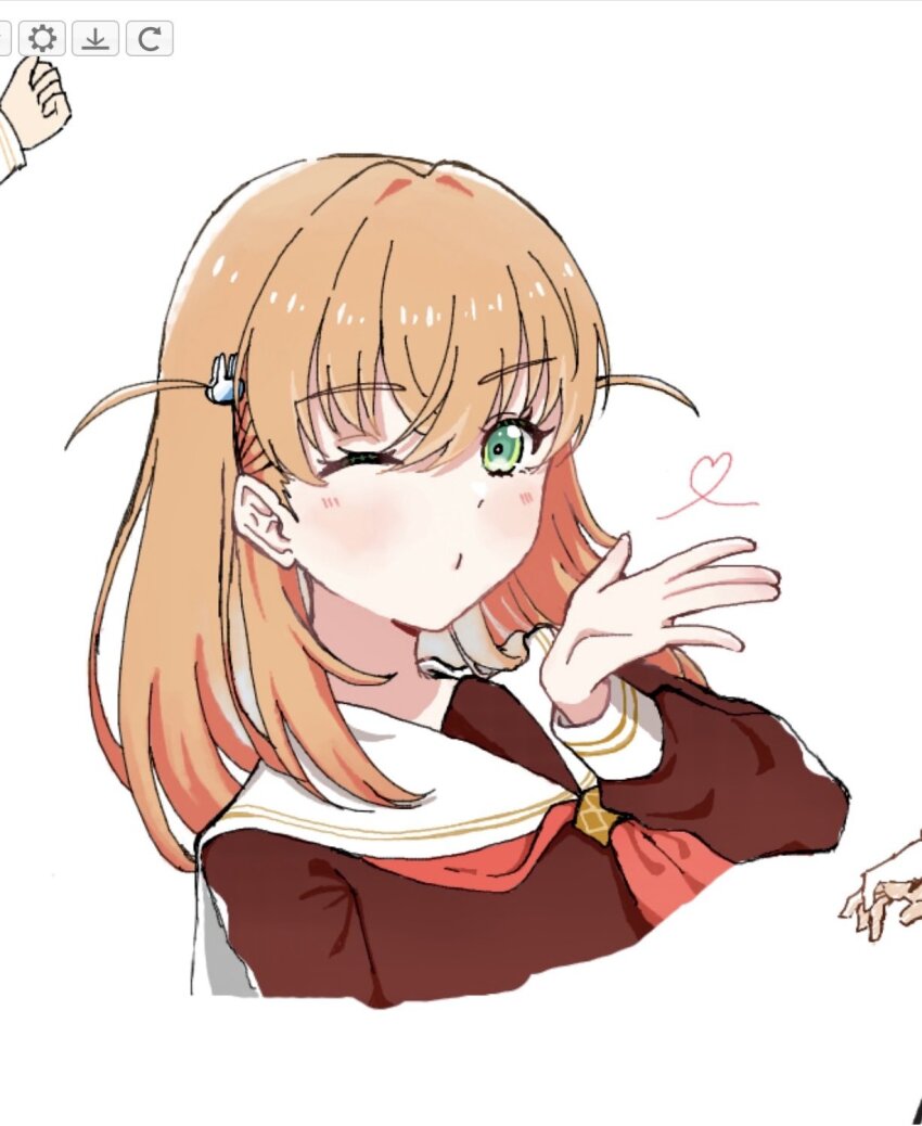 1girl, blowing_kiss, brown_dress, commentary_request, cropped_shoulders, crossed_bangs, dress, green_eyes