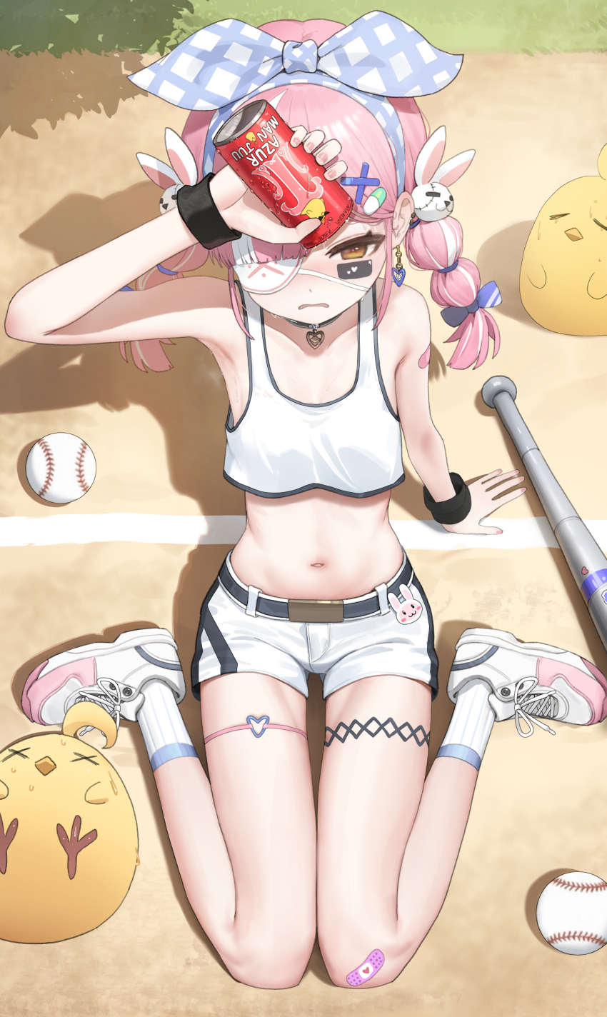 1girl, absurdres, arm_up, armpits, azur_lane, baby_animal, bare_shoulders, baseball, baseball_bat, belt, bird, black_choker, bow, braid, can, chick, choker, commentary, crop_top, crop_top_overhang, day, earrings, eyepatch, facial_mark, from_above, hair_bow, hair_ornament, hair_ribbon, hairclip, heart, heart_choker, heart_earrings, heart_o-ring, highres, holding, holding_can, jewelry, long_hair, looking_at_viewer, manjuu_(azur_lane), midriff, multicolored_hair, navel, o-ring, official_artist_extra, on_ground, open_mouth, orange_eyes, outdoors, pink_hair, rabbit_hair_ornament, ribbon, romana, shadow, shirt, shoes, short_shorts, shorts, sitting, sleeveless, sleeveless_shirt, sneakers, socks, solo, stomach, streaked_hair, sweat, sweatband, thigh_strap, thighs, twin_braids, twintails, wariza, white_shirt, white_shoes, white_shorts, white_socks, x_hair_ornament, z47_(azur_lane), z47_(batter_home_run)_(azur_lane)