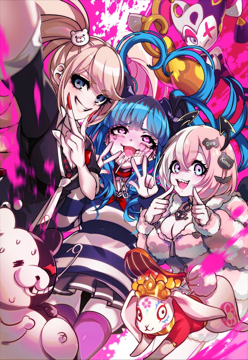 3girls, absurdres, amemiya_darumi, anchor_necklace, bear, bear_hair_ornament, black_bow, black_hair