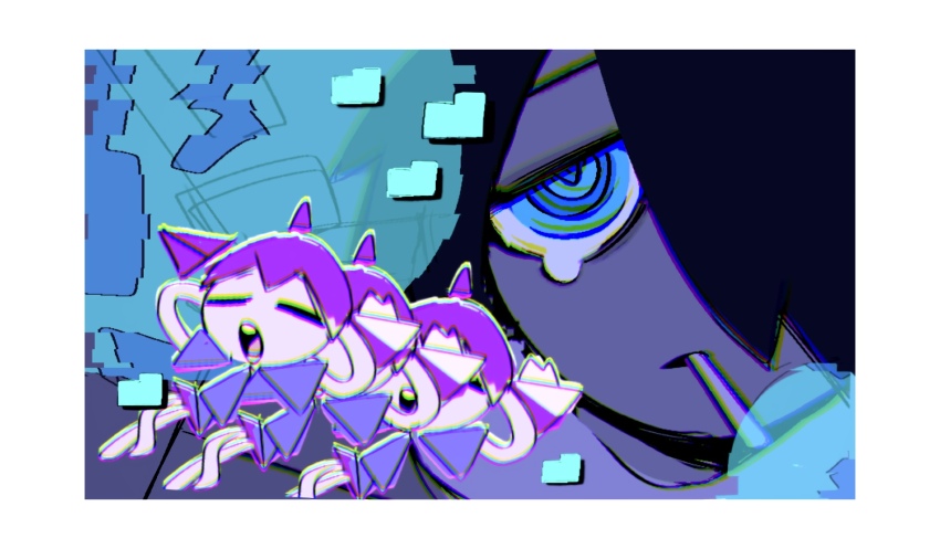 1boy, 1girl, black_hair, blue_eyes, border, chromatic_aberration, closed_eyes, commentary