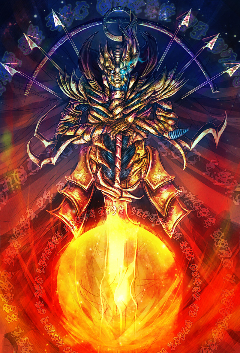 1boy, armor, fire, glowing, glowing_eyes, gradient_background, male_focus, original