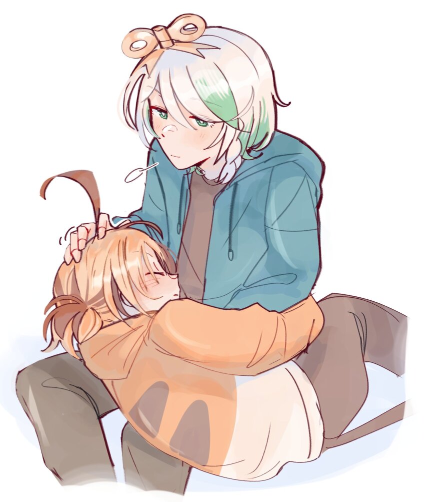 2girls, ahoge, blue_hoodie, brown_hair, brown_pants, brown_shirt, brown_streaks, cecilia_immergreen