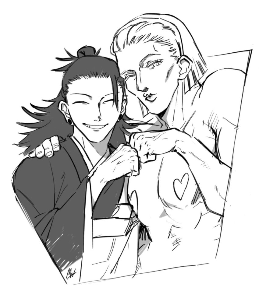 2boys, 7luna, closed_eyes, commentary_request, geto_suguru, grin, hair_bun, hairband