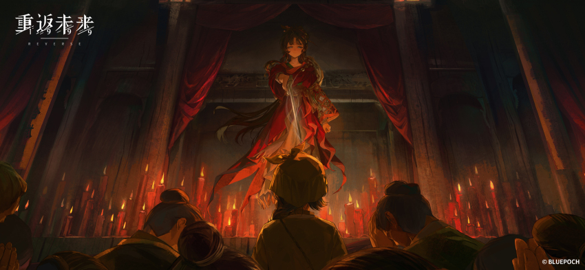 2girls, black_hair, blue_eyes, candle, chinese_clothes, closed_mouth, copyright_name, copyright_notice