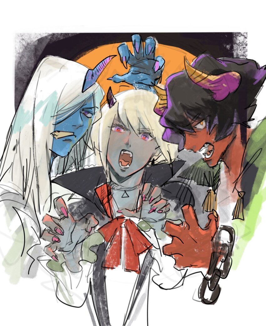 7luna, blue_skin, clenched_teeth, colored_skin, commentary_request, demon_boy, demon_horns, fangs