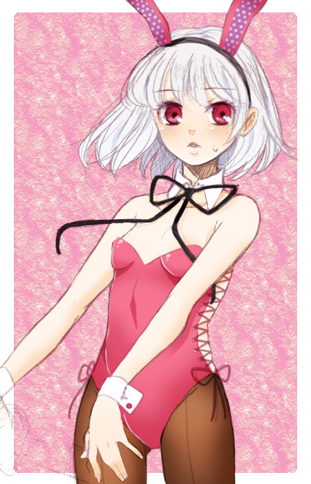 1girl, alternate_costume, animal_ears, brown_pantyhose, cowboy_shot, detached_collar, fake_animal_ears, female_focus, flat_chest, konpaku_youmu, mot, outside_border, pantyhose, pink_background, playboy_bunny, rabbit_ears, red_eyes, ribbon, short_hair, simple_background, solo, standing, touhou, white_hair, wrist_cuffs