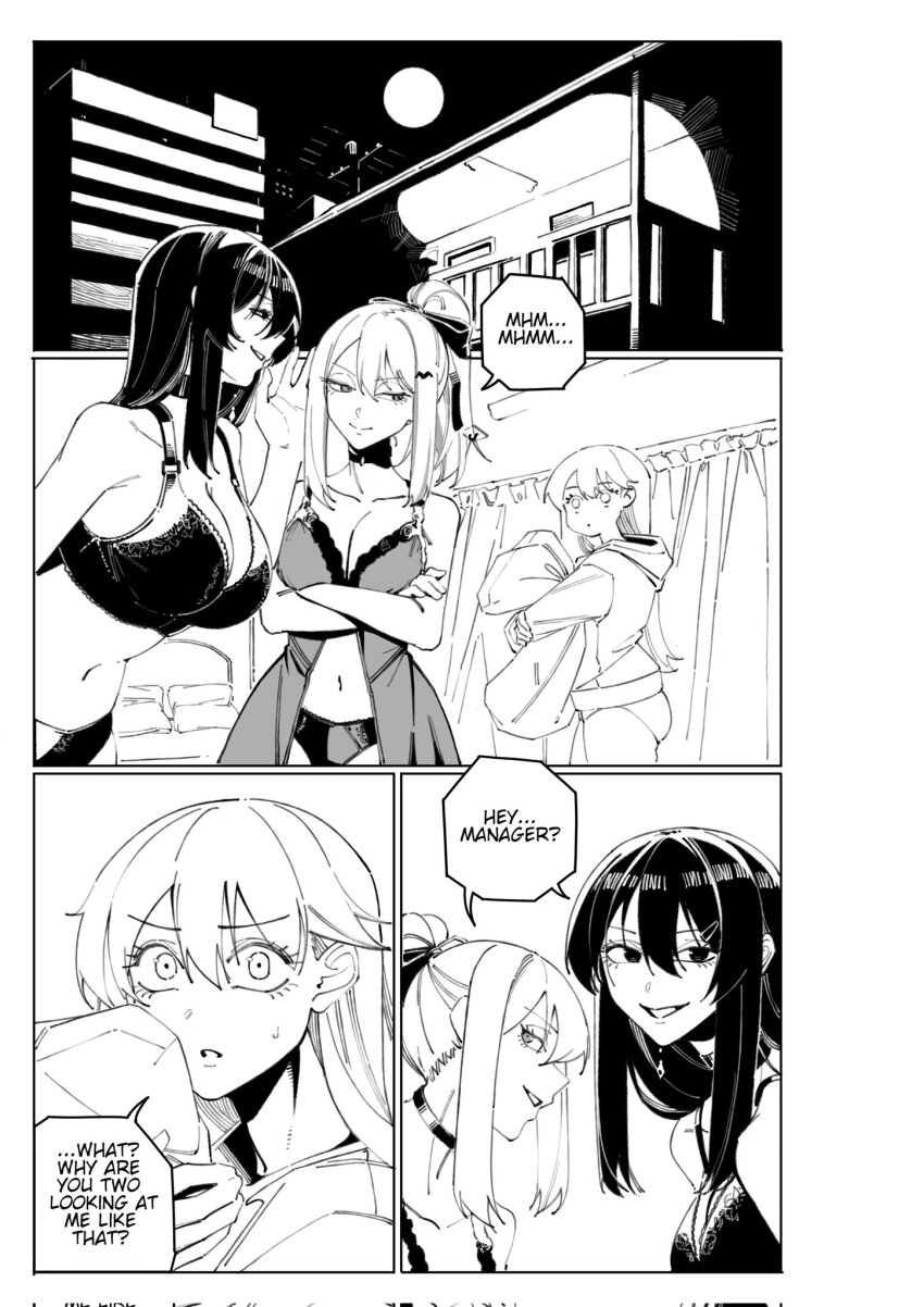 3girls, black_bra, black_hair, bra, commentary, english_commentary, hair_between_eyes, harris_hero