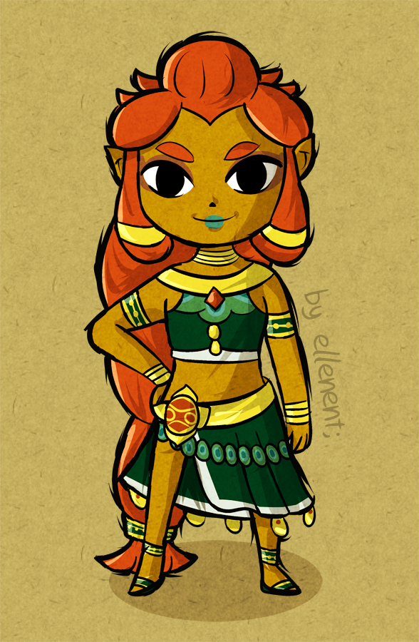 1girl, 2000s_(style), artist_name, blue_lips, bracelet, brown_background, commentary, crop_top, dark-skinned_female, dark_skin, deviantart_username, ellenent, english_commentary, gem, gerudo, gerudo_set_(zelda), gold_bracelet, gold_choker, gold_necklace, jewelry, lips, lipstick, long_hair, looking_at_viewer, makeup, necklace, nintendo, pointy_ears, ponytail, red_gem, red_hair, riju, simple_background, skirt, the_legend_of_zelda, the_legend_of_zelda:_breath_of_the_wild, the_legend_of_zelda:_the_wind_waker
