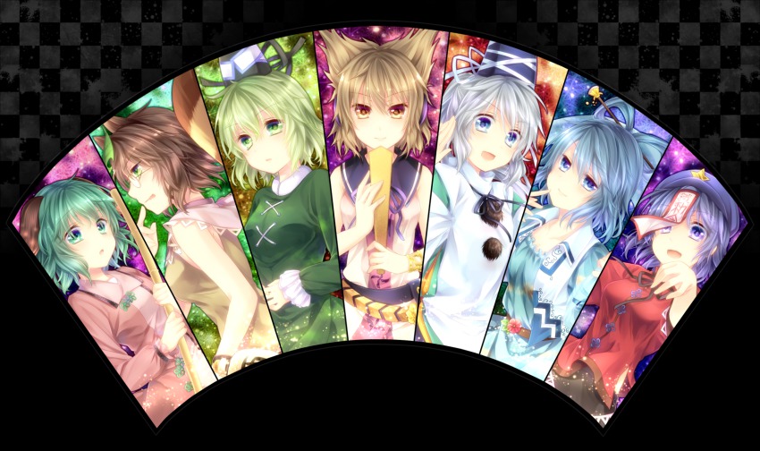 6+girls, animal_ears, bad_id, bad_pixiv_id, blue_eyes, blue_hair, broom, brown_eyes