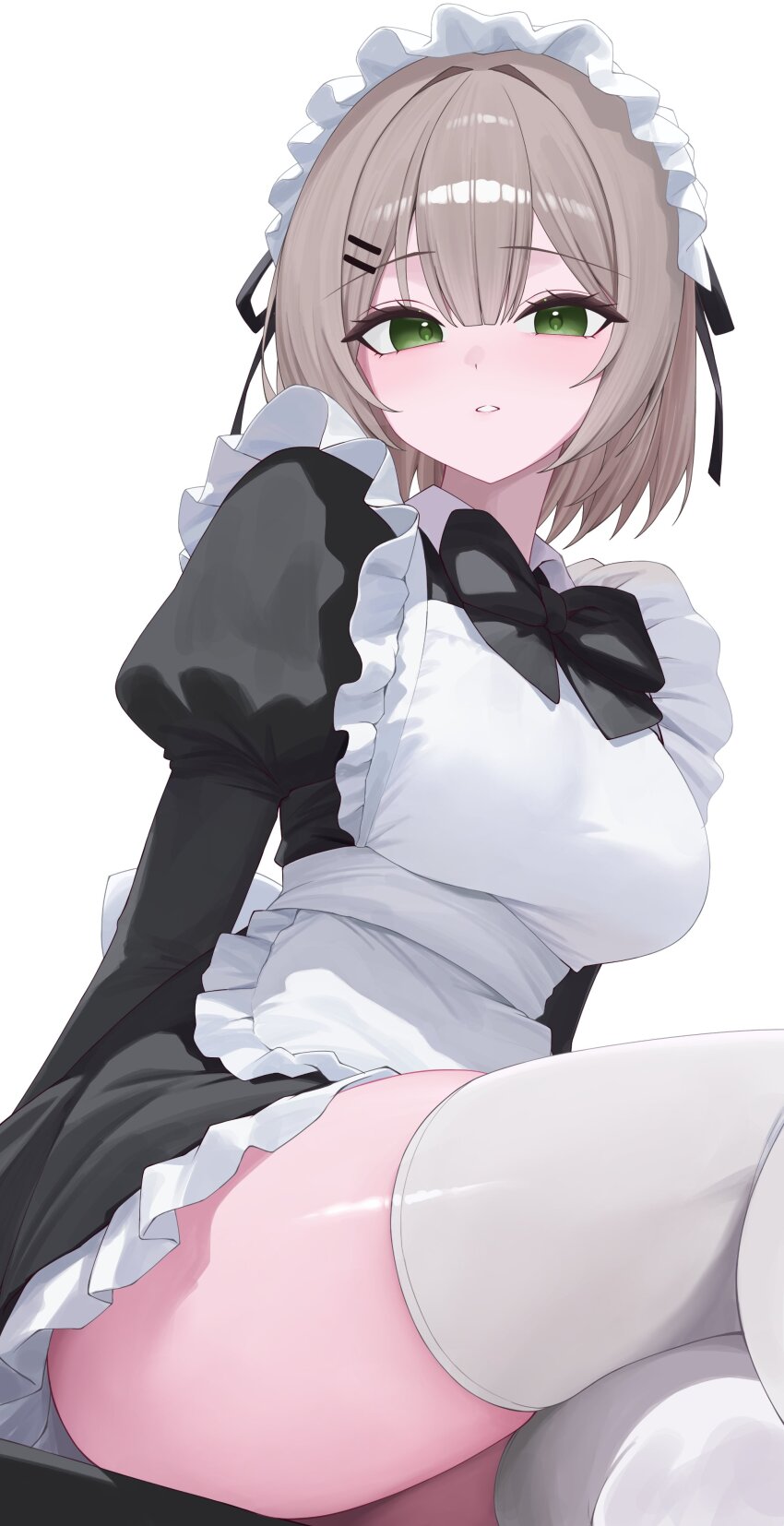 1girl, absurdres, apron, black_dress, bow, bowtie, breasts, brown_hair