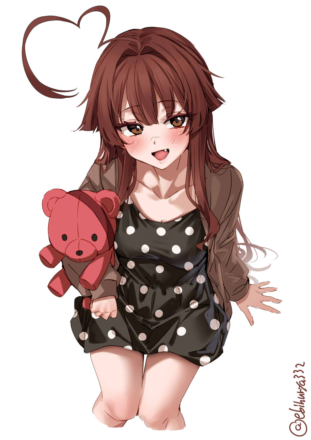 1girl, ahoge, artist_name, black_dress, blush, breasts, brown_eyes, brown_hair