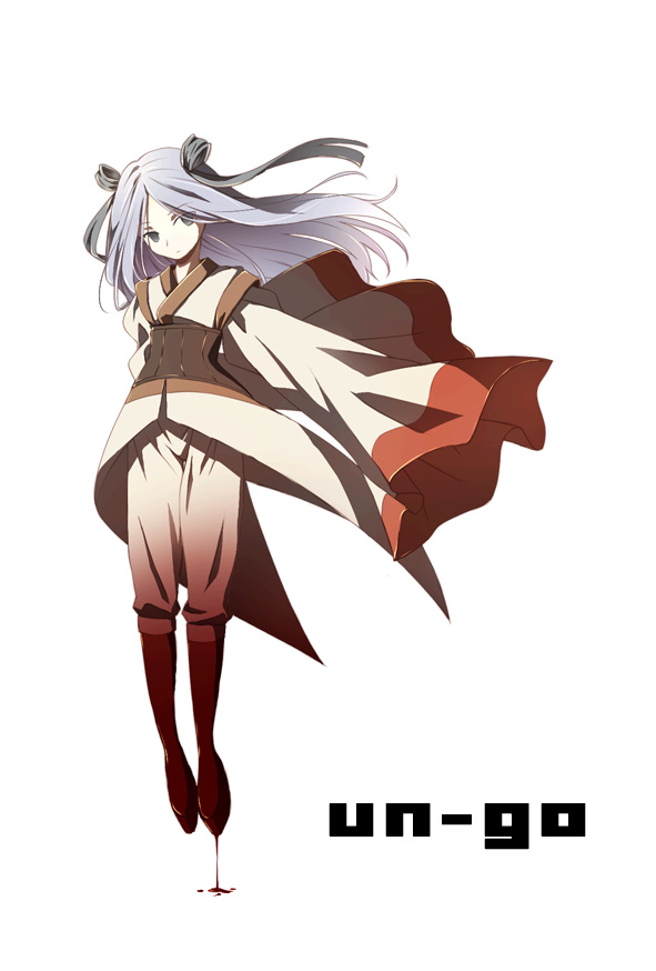10s, 1girl, bettenou, blood, blood_drip, copyright_name, cota, eeta, female_focus, grey_eyes, japanese_clothes, long_hair, simple_background, solo, un-go, white_background, white_hair