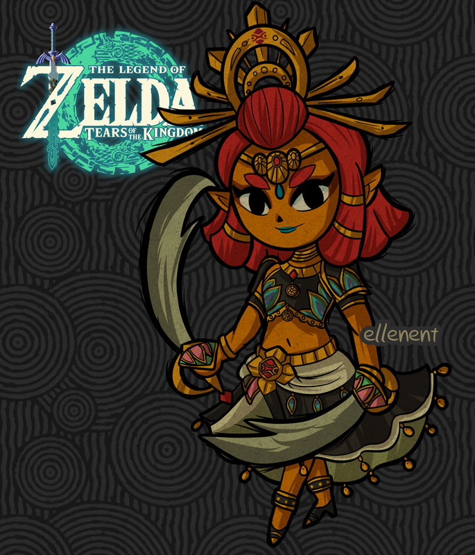 1girl, artist_name, blue_lips, bracelet, brown_background, commentary, crossover, dark-skinned_female, dark_skin, deviantart_username, dual_wielding, ellenent, english_commentary, english_text, gem, gerudo, gerudo_set_(zelda), gold_bracelet, gold_choker, gold_necklace, hair_ornament, high_heels, holding, holding_sword, holding_weapon, in-franchise_crossover, jewelry, lips, lipstick, logo, looking_at_viewer, makeup, master_sword, navel, necklace, nintendo, red_hair, riju, short_hair, sword, the_legend_of_zelda, the_legend_of_zelda:_tears_of_the_kingdom, the_legend_of_zelda:_the_wind_waker, weapon