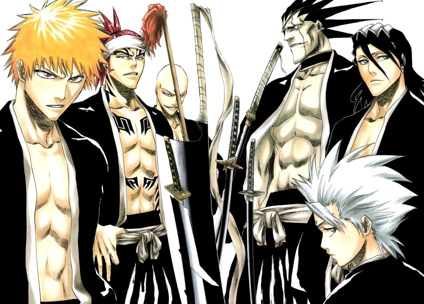 6+boys, abarai_renji, abs, bald_male, black_hair, bleach, brown_eyes, closed_mouth