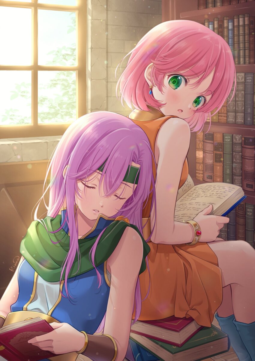 2girls, artist_name, blush, book, bracelet, closed_eyes, commentary_request, earrings