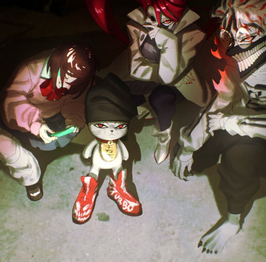 1boy, 1other, 2girls, alternate_form, ayase_momo, bad_tag, barefoot, black_hat