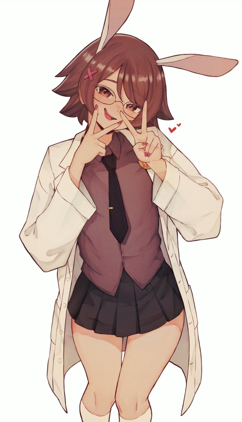 1girl, absurdres, animal_ears, black_necktie, black_skirt, brown_eyes, brown_hair, collared_shirt, cowboy_shot, double_v, extra_ears, glasses, heart, highres, indie_virtual_youtuber, kneehighs, lab_coat, light_blush, long_sleeves, mishapyon_(vtuber), necktie, open_mouth, pleated_skirt, rabbit_ears, rabbit_girl, red_nails, red_shirt, shirt, sidelocks, simple_background, skirt, socks, solo, teeth, untucked_shirt, upper_teeth_only, v, varniskarnis, virtual_youtuber, white_background, white_socks