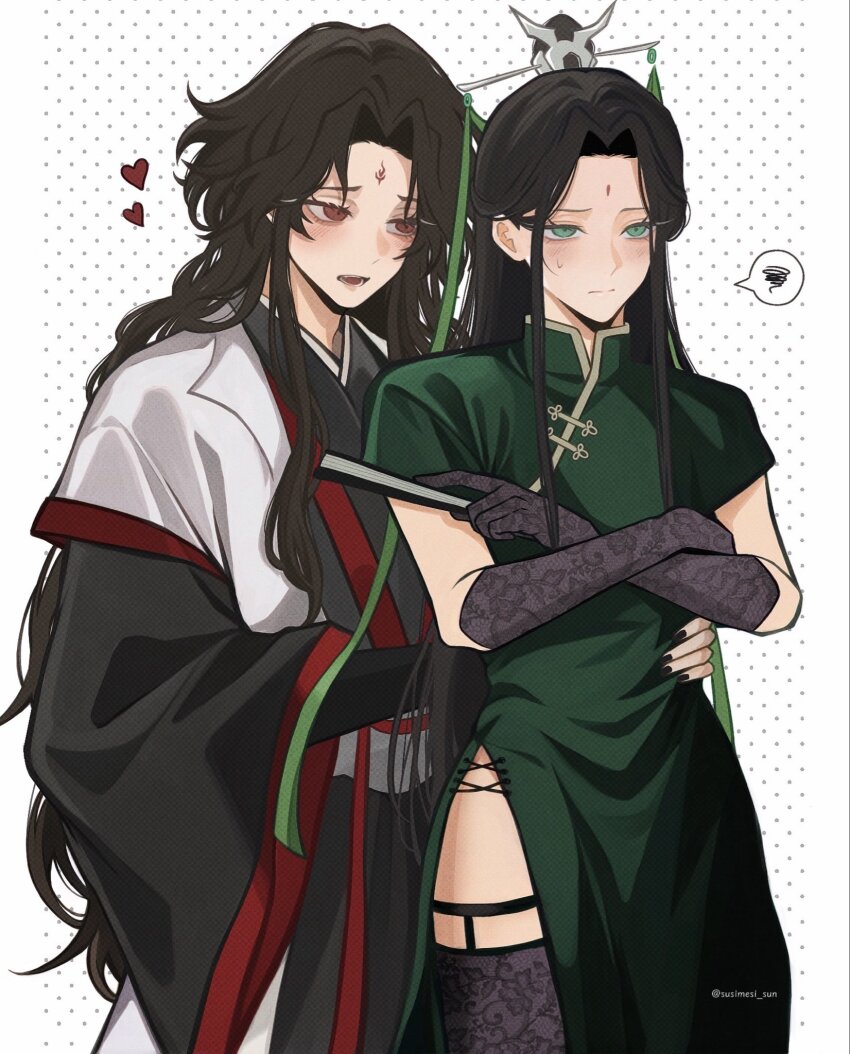 2boys, alternate_costume, arm_around_another's_waist, bindi, black_gloves, black_hair, black_hanfu, black_nails