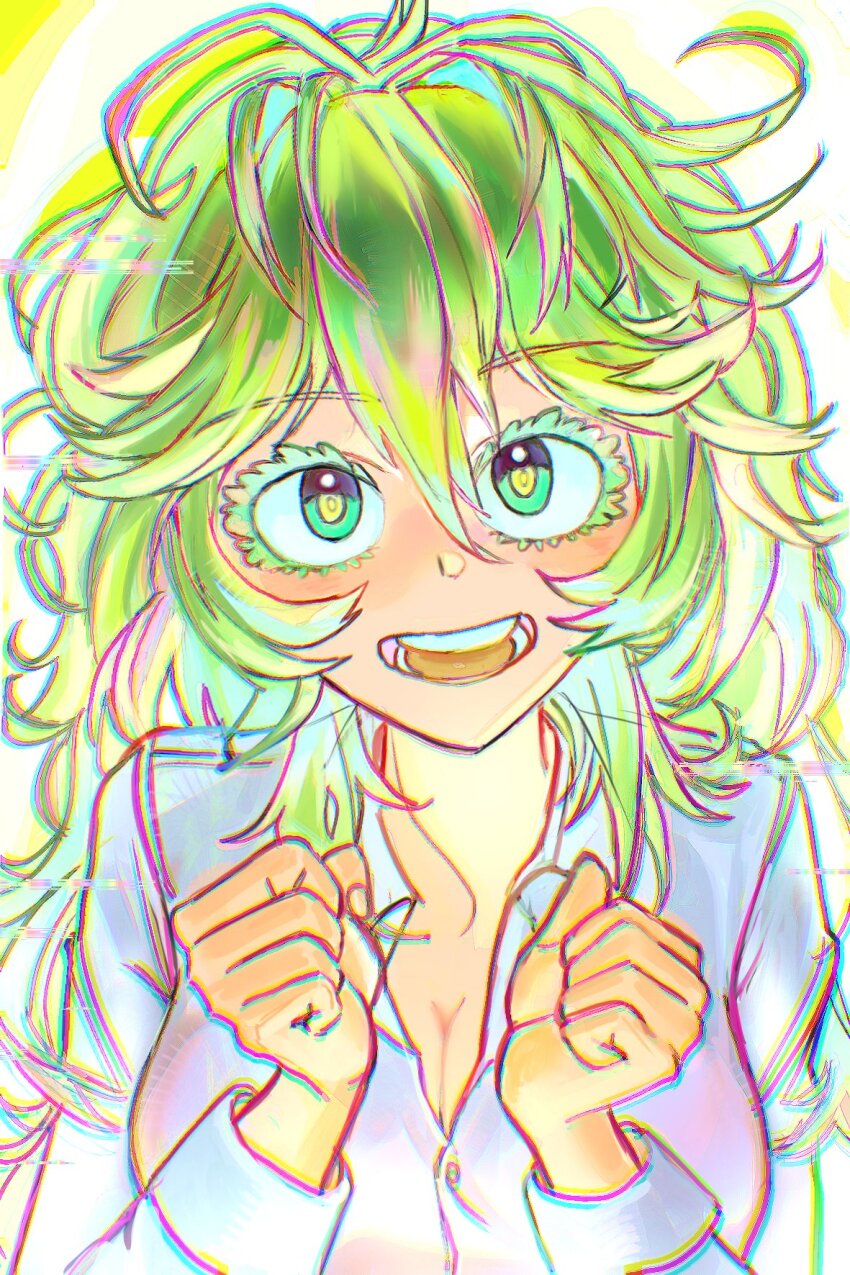 1girl, :d, aqua_eyes, blonde_streaks, blush, boku_no_hero_academia, breasts, byeol_geo, chromatic_aberration, cleavage, collared_shirt, colored_eyelashes, commentary, green_eyes, green_hair, hagakure_toru, hands_up, highres, large_breasts, long_hair, messy_hair, multicolored_hair, open_mouth, pink_streaks, shirt, smile, streaked_hair, tareme, thick_eyelashes, white_background, white_shirt