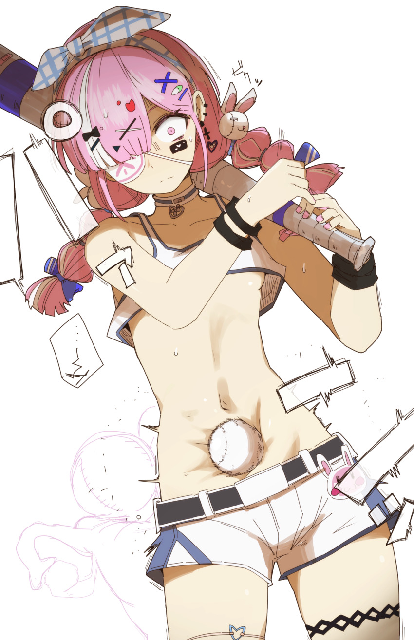 1girl, baseball, baseball_bat, belt, braid, breasts, choker, collarbone