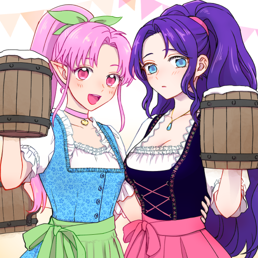 2girls, alcohol, apron, barmaid, beer, beer_mug, breasts, choker