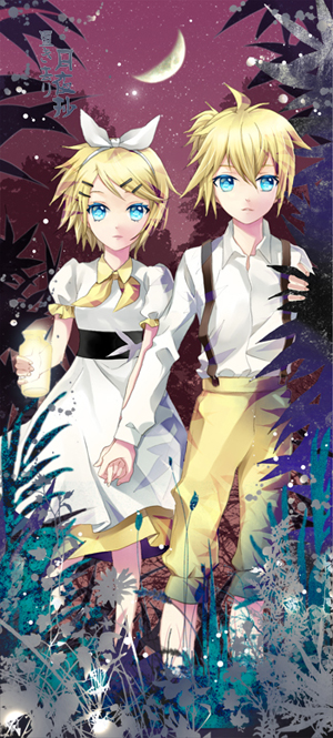 1boy, 1girl, aqua_eyes, bad_id, bad_pixiv_id, blonde_hair, brother_and_sister, cocoon_(loveririn), evillious_nendaiki, gretel_(evillious_nendaiki), hansel_(evillious_nendaiki), hetero, holding_hands, kagamine_len, kagamine_rin, night, okizari_tsukiyo_shou_(vocaloid), short_hair, shorts, siblings, song_request, suspenders, twins, vocaloid