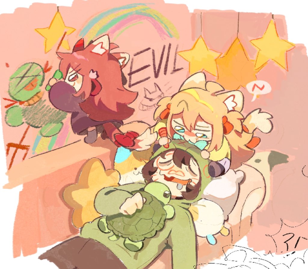 >_<, 1boy, 2girls, :3, ahchive_be, ahoge, animal_ear_fluff, animal_ears, aqua_bow, aqua_bowtie, black_cardigan, black_hair, black_pants, black_socks, blood, blue_eyes, border, bow, bowtie, brown_hair, cardigan, cat_ears, cat_girl, cat_tail, character_name, chibi, child, child's_drawing, couch, crayon, crayon_drawing, demon, drawing_on_another's_face, drawn_mustache, drawn_whiskers, drooling, evil_neuro-sama, green_hoodie, grin, hair_between_eyes, hair_ribbon, hashtag-only_commentary, head_on_pillow, holding, holding_crayon, holding_stuffed_toy, hood, hoodie, indoors, lying, multiple_girls, neuro-sama, on_back, on_couch, open_mouth, pants, pillow, polearm, rainbow, red_bow, red_eyes, red_ribbon, ribbon, short_hair, siblings, sisters, skirt, sleeping, smile, socks, speech_bubble, star-shaped_pillow, star_(symbol), stuffed_animal, stuffed_toy, stuffed_turtle, tail, tail_bow, tail_ornament, tongue, tongue_out, trident, twins, two_side_up, v-shaped_eyebrows, vedal987, vedal_ai, weapon, white_border, yellow_cardigan