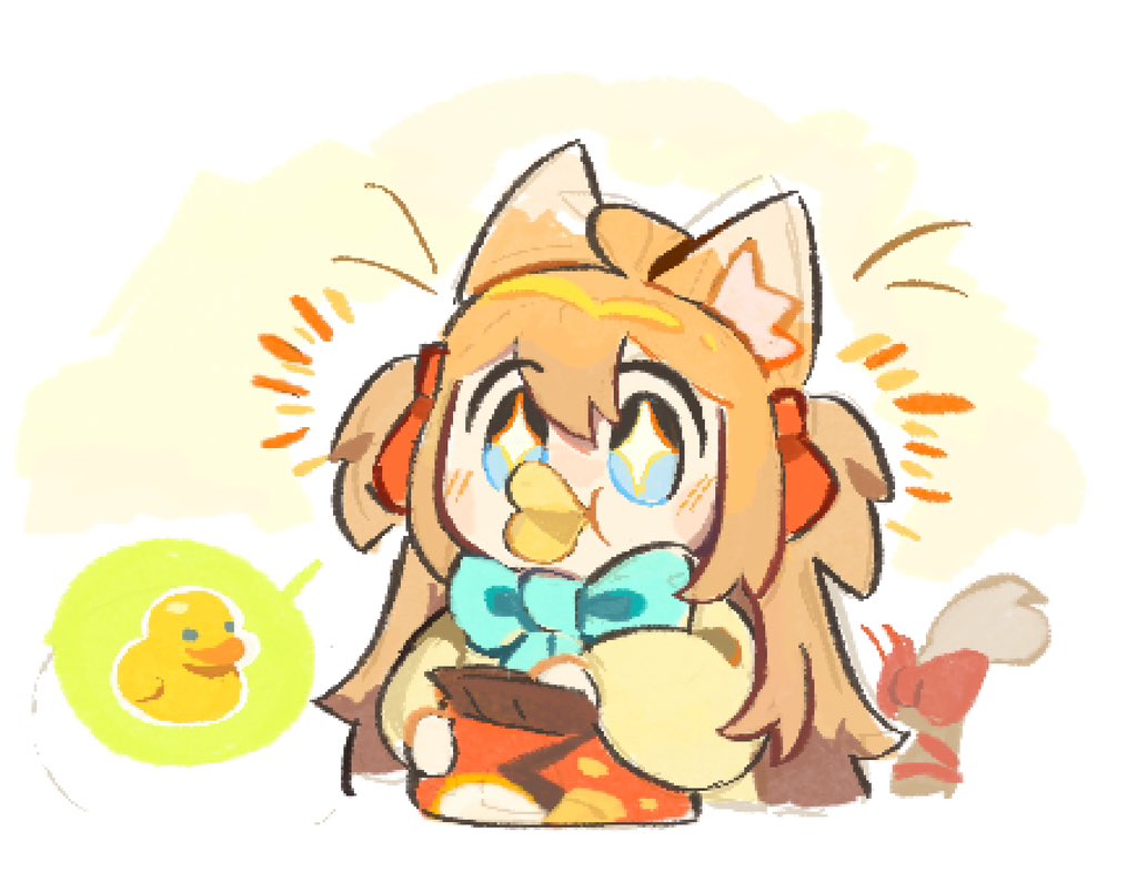 +_+, 1girl, :t, ahchive_be, ahoge, animal_ear_fluff, animal_ears, aqua_bow, aqua_bowtie, bag_of_chips, blue_eyes, blush, border, bow, bowtie, brown_hair, cardigan, cat_ears, cat_girl, cat_tail, chips_(food), commentary_request, cropped_torso, double-parted_bangs, eating, food, food_in_mouth, hair_between_eyes, hair_ribbon, jaggy_lines, long_hair, long_sleeves, neuro-sama, notice_lines, potato_chips, pringle_duck, red_ribbon, ribbon, rubber_duck, solo, speech_bubble, tail, tail_bow, tail_ornament, two_side_up, vedal_ai, virtual_youtuber, white_border, wide-eyed, yellow_background, yellow_cardigan