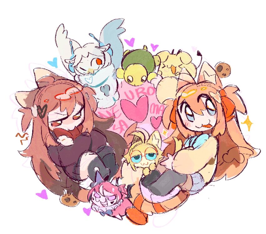 >_<, :3, :d, :p, ahchive_be, ahoge, angry, animal_ear_fluff, animal_ears, animal_with_hair, animalization, aqua_bow, aqua_bowtie, asymmetrical_legwear, bat_wings, bird, black_cardigan, black_skirt, black_socks, blue_eyes, blue_skirt, blush, blush_stickers, bow, bowtie, broken_heart, broken_heart_hair_ornament, camila_(vtuber), cardigan, cat, cat_ears, cat_girl, cat_tail, cerber_(vtuber), character_name, chocolate_chip_cookie, commentary_request, cookie, crossed_arms, demon_horns, demon_tail, dog, ellie_minibot, evil_neuro-sama, facial_mark, floating, food, grin, hair_ornament, hair_ribbon, half-closed_eyes, head_down, heart, heart_hair_ornament, highres, horns, indie_virtual_youtuber, jaggy_lines, knees_up, looking_at_viewer, mini_party_hat, mini_wings, minikomew, miniskirt, neck_ruff, neuro-sama, one_eye_closed, open_mouth, owl, pink_hair, pleated_skirt, purple_eyes, red_bow, red_bowtie, red_eyes, red_ribbon, ribbon, skirt, smile, socks, sparkle, tail, tongue, tongue_out, triangle, triangle_facial_mark, turtle, two_side_up, uneven_legwear, v-shaped_eyebrows, vedal987, vedal_ai, virtual_youtuber, white_background, wings, yellow_cardigan, yellow_cat, yellow_dog, yurie_mouth