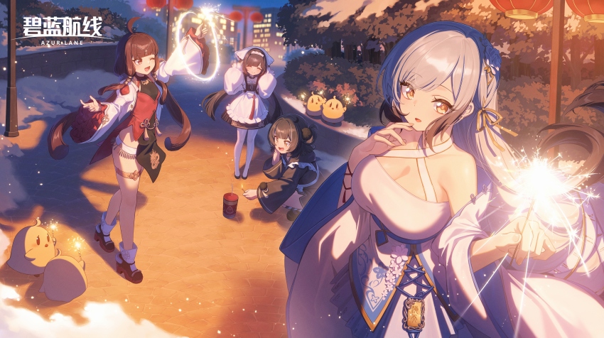 4girls, absurdres, apron, azur_lane, black_hair, breasts, building, chang_feng_(azur_lane)