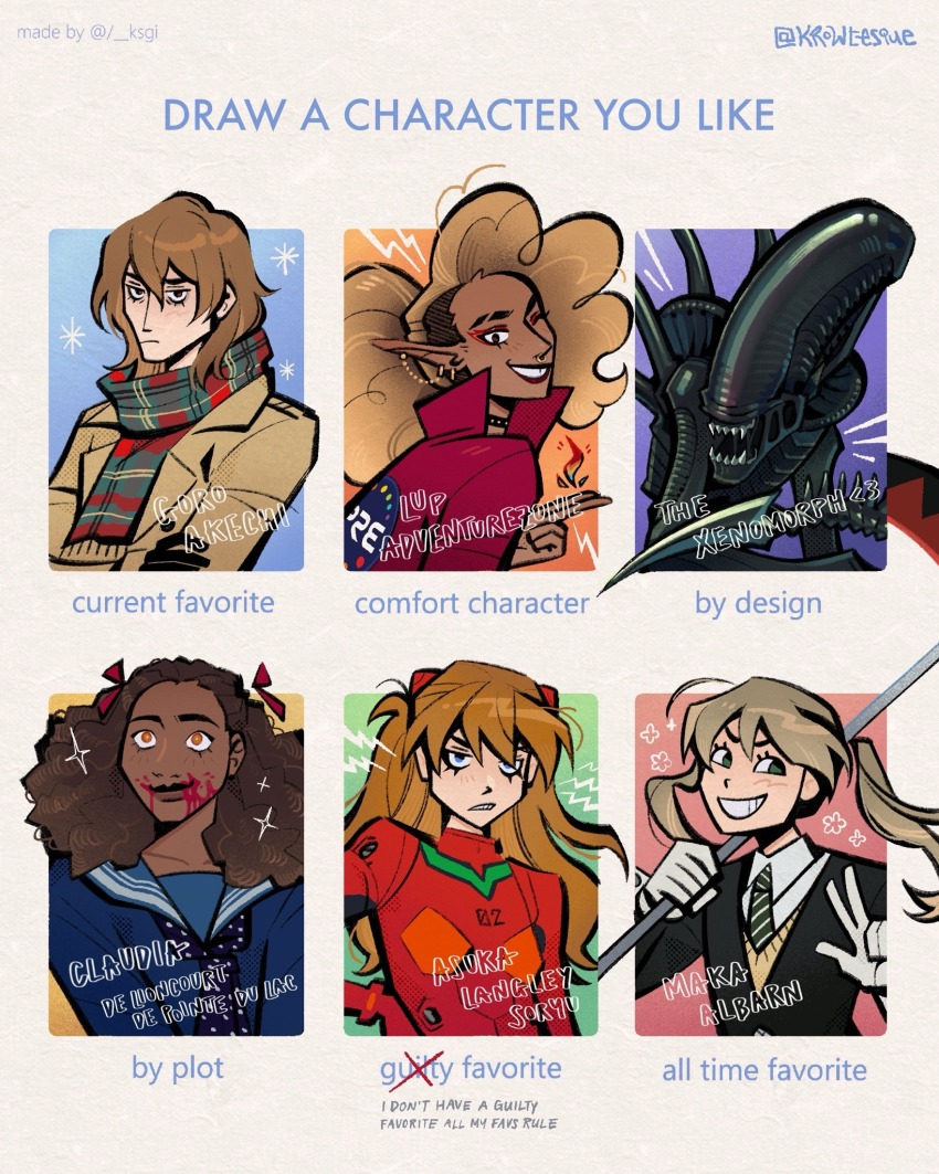 akechi_gorou, black_gloves, blonde_hair, blood, blood_from_mouth, blood_on_face, blue_eyes, blush, bodysuit, brown_coat, brown_hair, claudia_(interview_with_the_vampire), closed_mouth, coat, commentary, curly_hair, dark-skinned_female, dark_skin, elf, english_commentary, gloves, green_eyes, green_necktie, grin, hair_between_eyes, hairpods, highres, holding, holding_scythe, interview_with_the_vampire, jacket, krowtesque, lips, long_hair, long_pointy_ears, long_sleeves, looking_at_viewer, lup_(the_adventure_zone), maka_albarn, mecha_pilot_suit, necktie, neon_genesis_evangelion, orange_hair, persona, persona_5, plaid_clothes, plaid_scarf, plugsuit_(evangelion), pointy_ears, red_bodysuit, scarf, scythe, shirt, simple_background, smile, soul_eater, souryuu_asuka_langley, striped_clothes, striped_necktie, the_adventure_zone, twintails, two_side_up, white_gloves, white_shirt, xenomorph