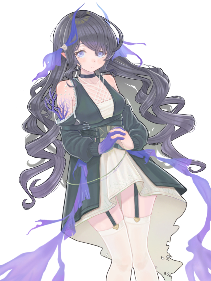 1girl, arknights, bare_shoulders, black_choker, black_dress, black_hair, breasts, choker, closed_mouth, collarbone, commentary, dress, feet_out_of_frame, garter_straps, gloves, hair_between_eyes, highmore_(arknights), highres, hiruandon222, interlocked_fingers, long_hair, long_sleeves, looking_at_viewer, medium_breasts, own_hands_together, purple_eyes, purple_gloves, simple_background, single_glove, solo, standing, thighhighs, white_background, white_dress, white_thighhighs