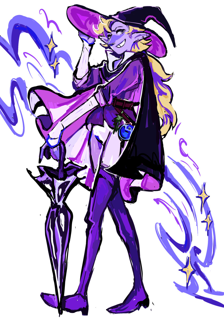 1boy, androgynous, belt, blonde_hair, blush, colored_skin, commentary, elf, english_commentary, highres, holding, long_hair, pointy_ears, purple_skin, simple_background, smile, taako_(the_adventure_zone), the_adventure_zone, very-small-giant