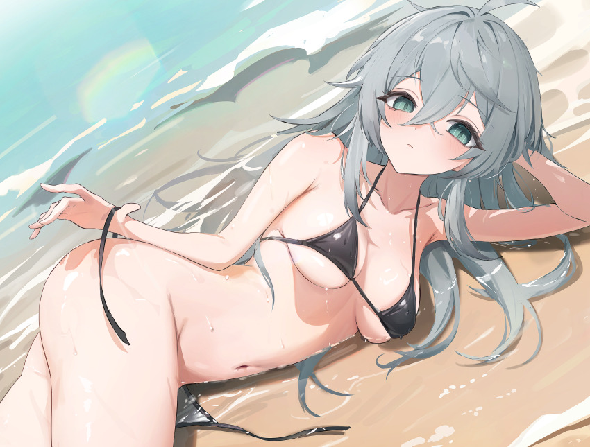 1girl, absurdres, ahoge, aqua_eyes, armpits, bare_arms, bare_shoulders, beach