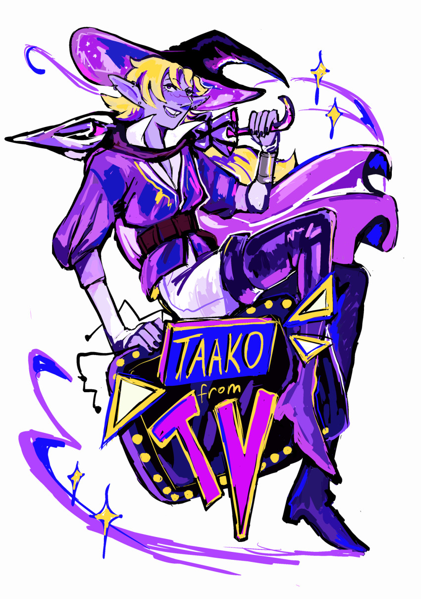 1boy, androgynous, belt, blonde_hair, blush, boots, cape, colored_skin, commentary, earrings, elf, english_commentary, hat, highres, holding, holding_umbrella, jewelry, long_hair, long_pointy_ears, male_focus, open_mouth, pointy_ears, purple_skin, simple_background, smile, solo, taako_(the_adventure_zone), the_adventure_zone, thigh_boots, tooth_gap, umbrella, very-small-giant, witch_hat