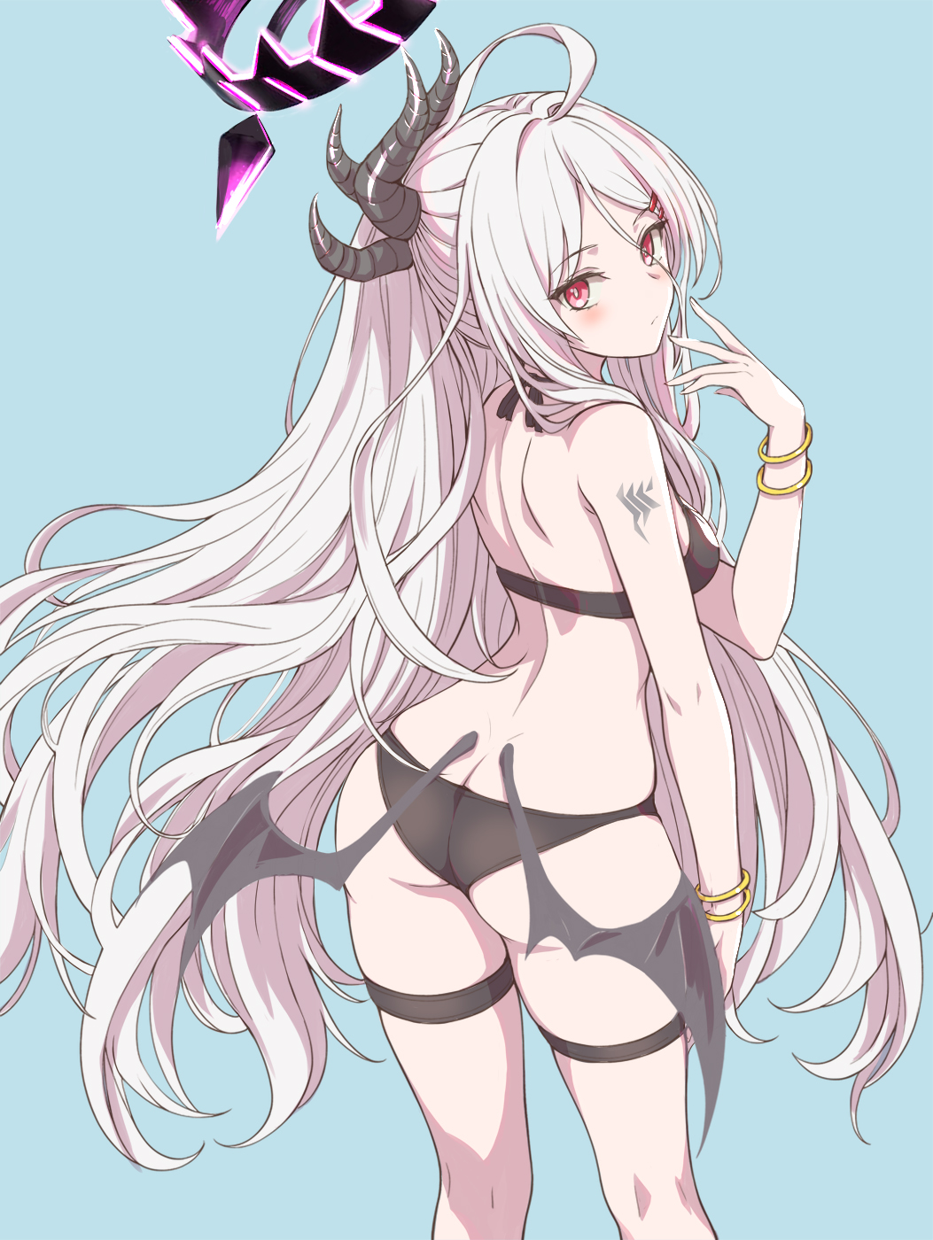 1girl, ahoge, ass, blue_archive, blue_background, blush, breasts, butt_crack, commentary_request, demon_girl, demon_horns, demon_wings, gehenna_academy_logo, highres, hina_(blue_archive), horns, kooriyama_azuki, long_hair, looking_at_viewer, low_wings, purple_eyes, simple_background, small_breasts, solo, standing, underwear, very_long_hair, white_hair, wings