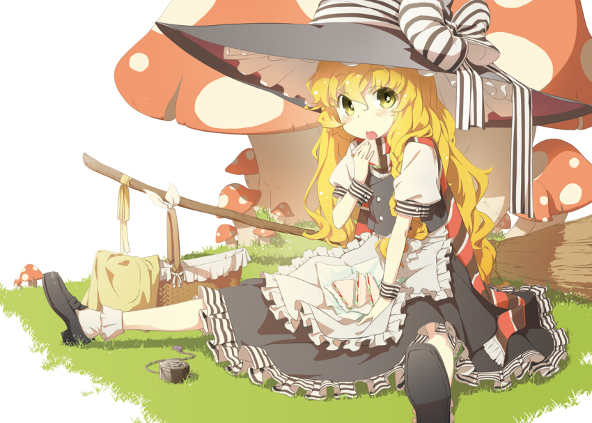 1girl, apron, basket, blonde_hair, bobby_socks, braid, broom, dress