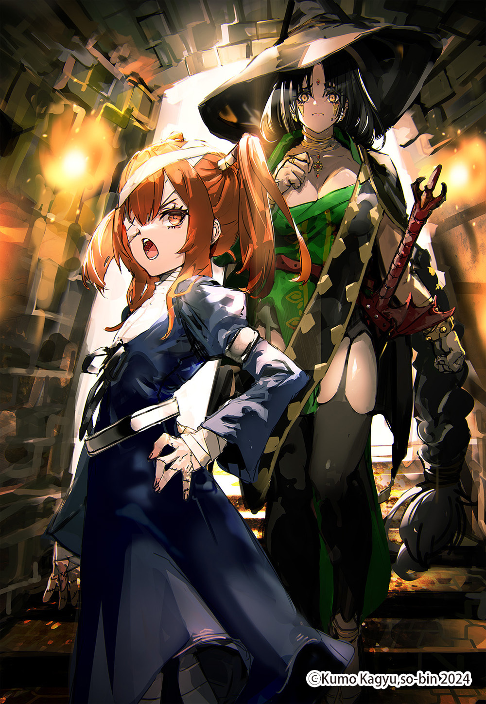 2girls, bandage_over_one_eye, bandaged_arm, bandaged_head, bandaged_leg, bandaged_neck, bandages, berkanan_(blade_&amp;_bastard)