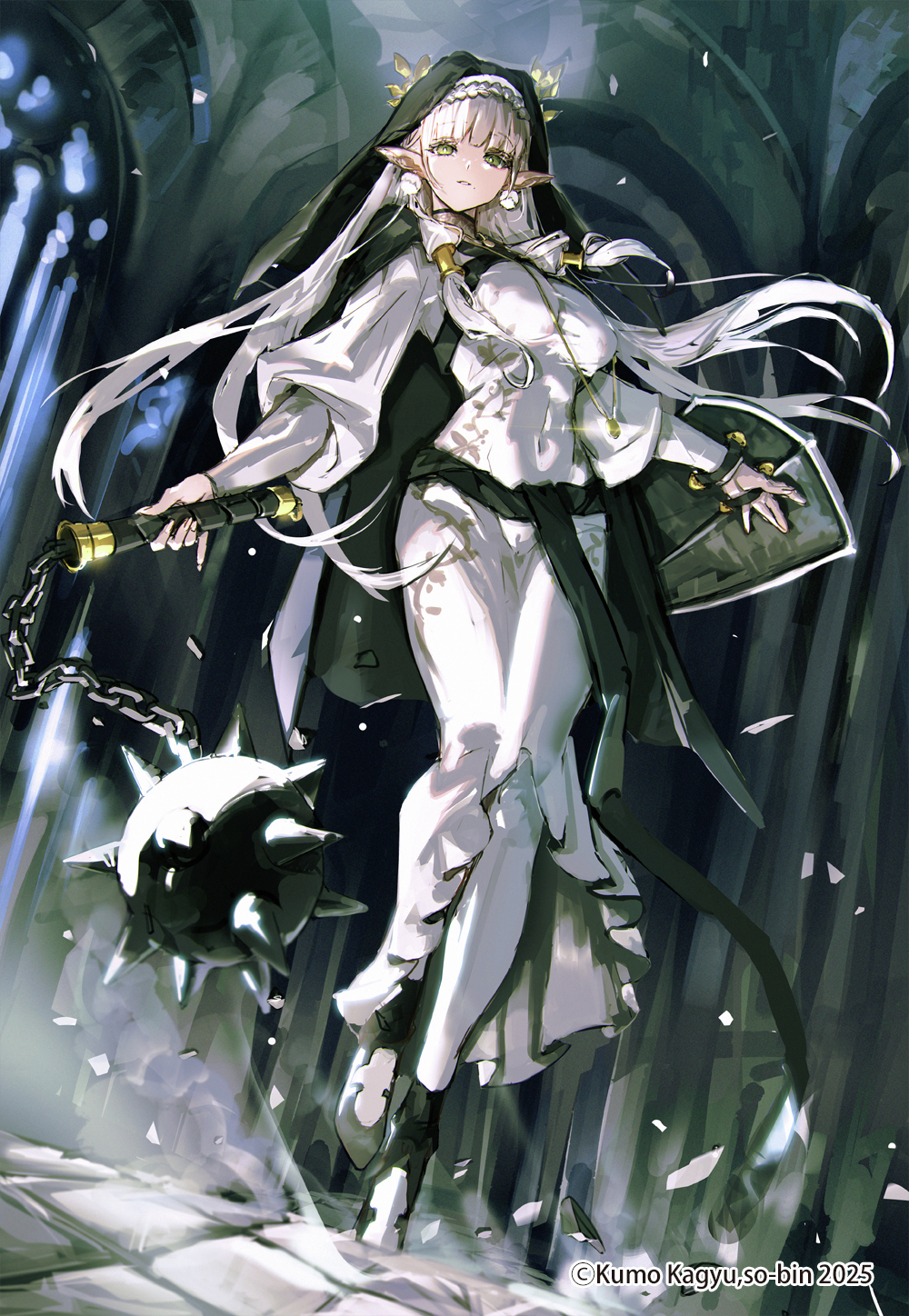 1girl, ainikki_(blade_&amp;_bastard), ball_and_chain_(weapon), blade_&amp;_bastard, braid, commentary_request, copyright_notice, textless_cover_page, covered_navel, elf, full_body, green_eyes, highres, holding, holding_ball_and_chain_(weapon), holding_shield, long_hair, looking_at_viewer, mole, mole_under_mouth, nun, official_art, parted_lips, pointy_ears, shield, so-bin, solo, spiked_ball_and_chain, weapon, white_hair, wizardry