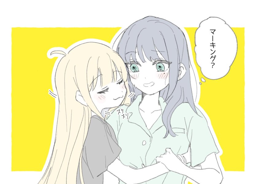 2girls, :3, ahoge, black_hair, black_shirt, blonde_hair, blush, border