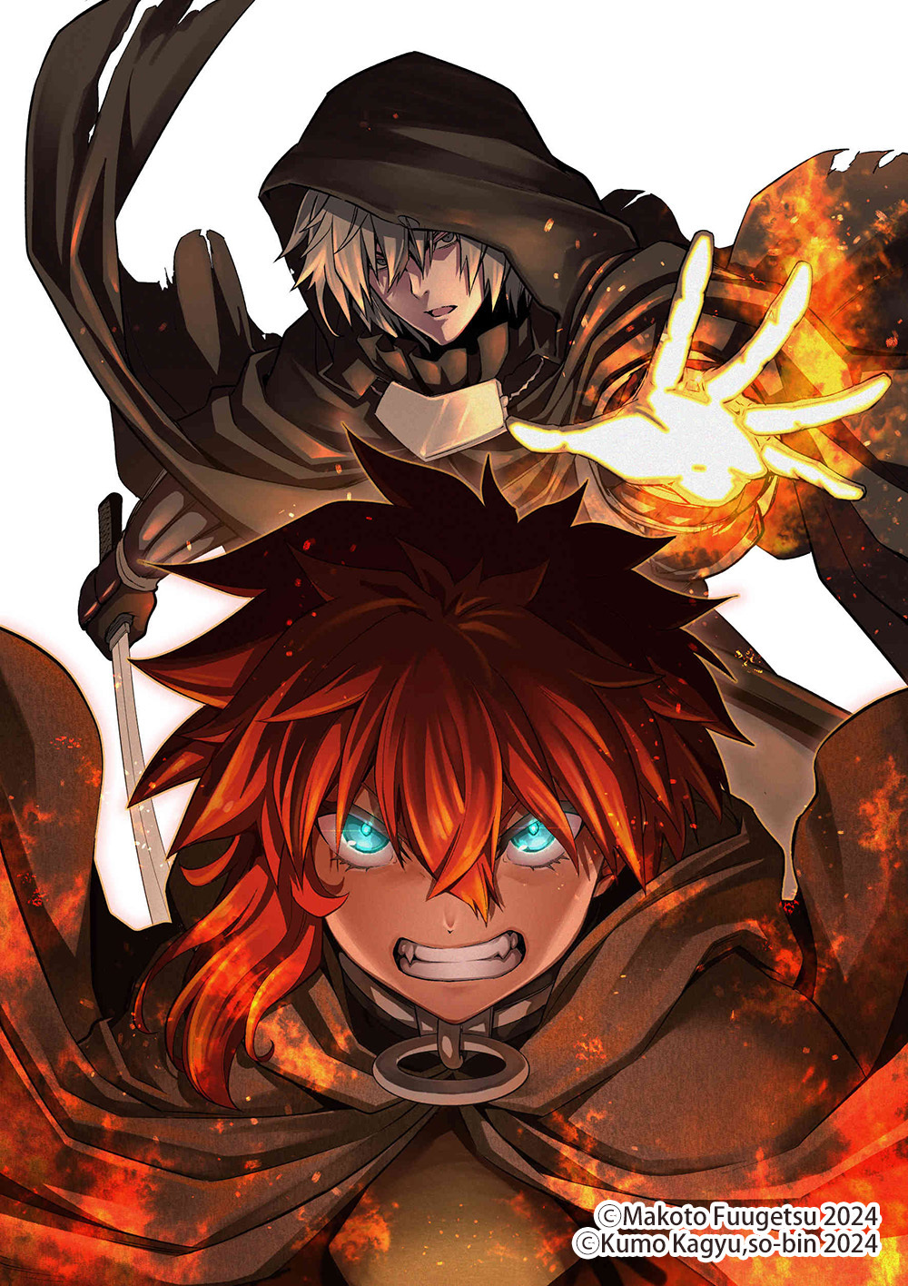 black_cape, black_gloves, black_hood, blade_&amp;_bastard, blue_eyes, cape, casting_spell, clenched_teeth