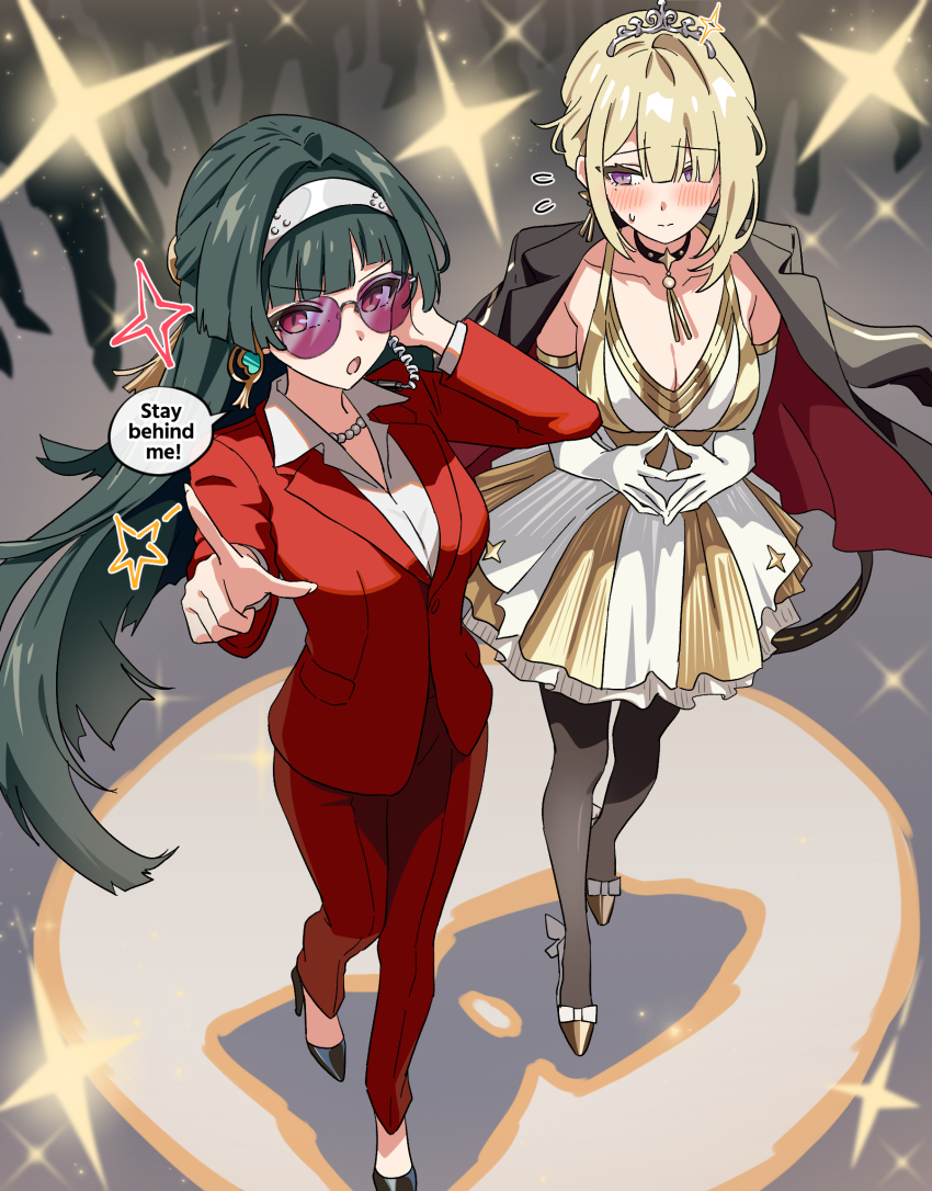 2girls, alternate_costume, astra_yao, black_choker, black_hair, black_jacket, black_shoes, blonde_hair