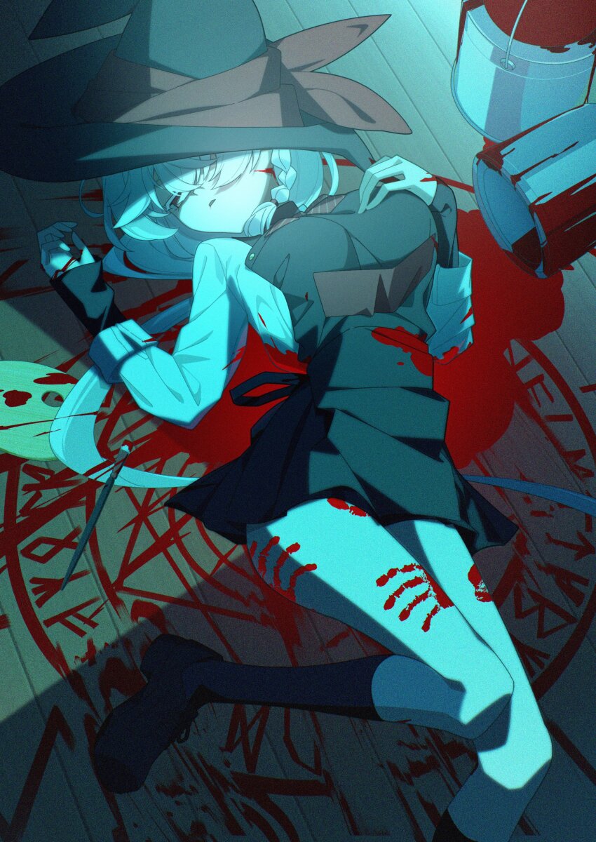 1girl, absurdres, asagisui, black_shoes, bloody_handprints, blue_archive, braid, breasts