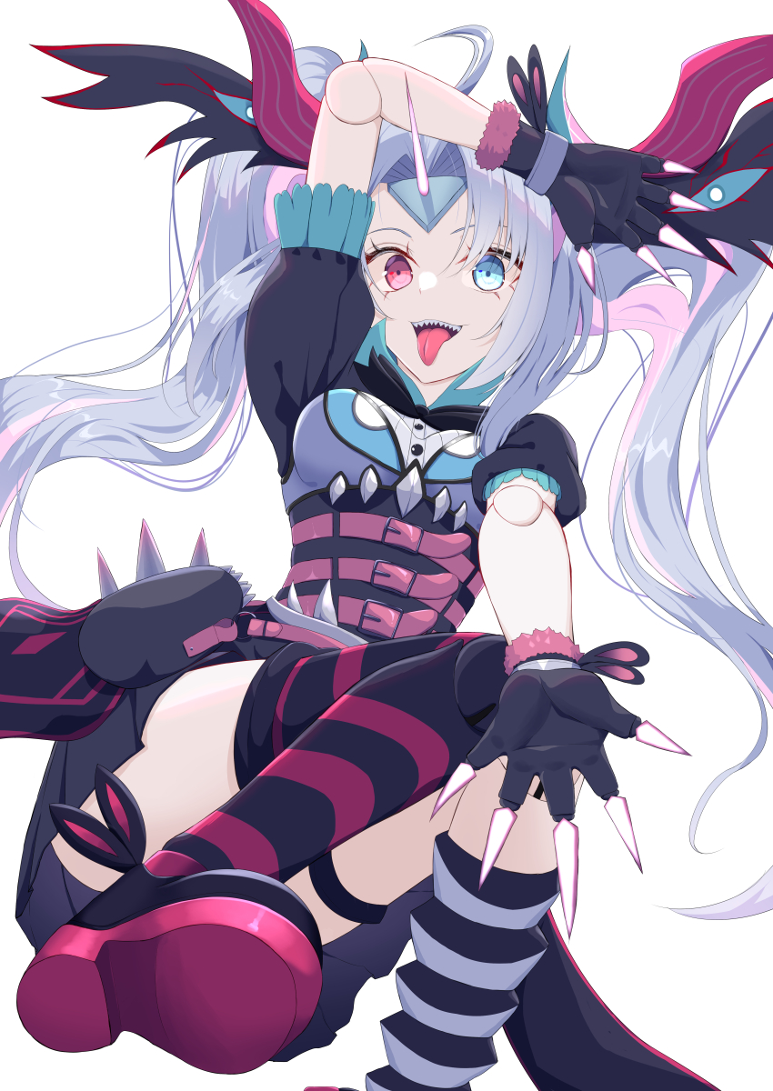 1girl, absurdres, ahoge, asymmetrical_horns, asymmetrical_legwear, black_gloves, black_shoes, black_skirt