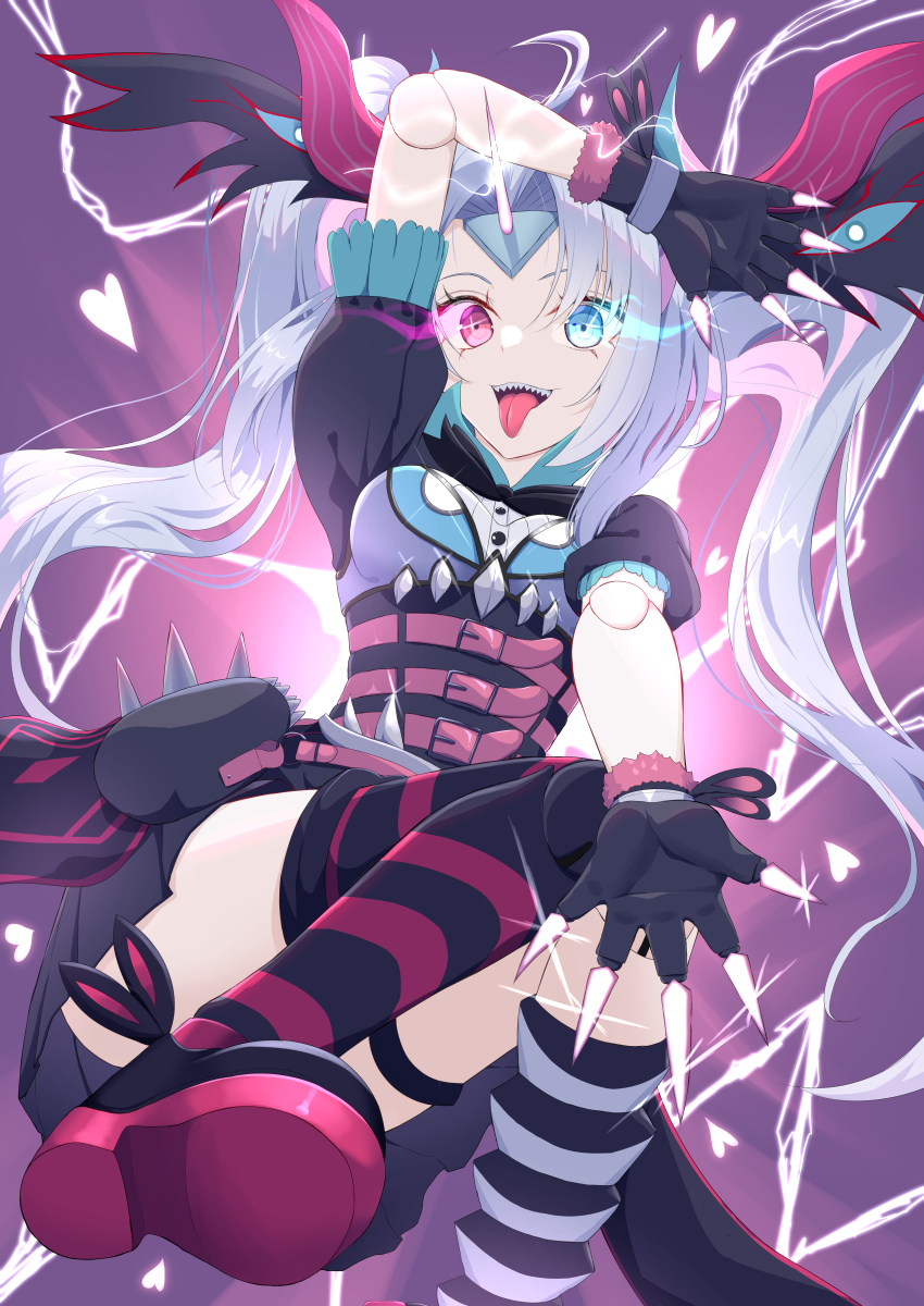 1girl, absurdres, ahoge, asymmetrical_horns, asymmetrical_legwear, black_gloves, black_shoes, black_skirt