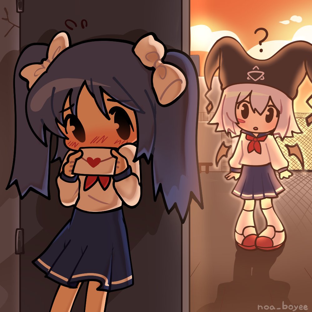 2girls, ?, black_hair, blush, bow, hat, long_hair, multiple_girls, noa_boyee, original, school_uniform, serafuku, skirt, twintails, wings, witch_hat