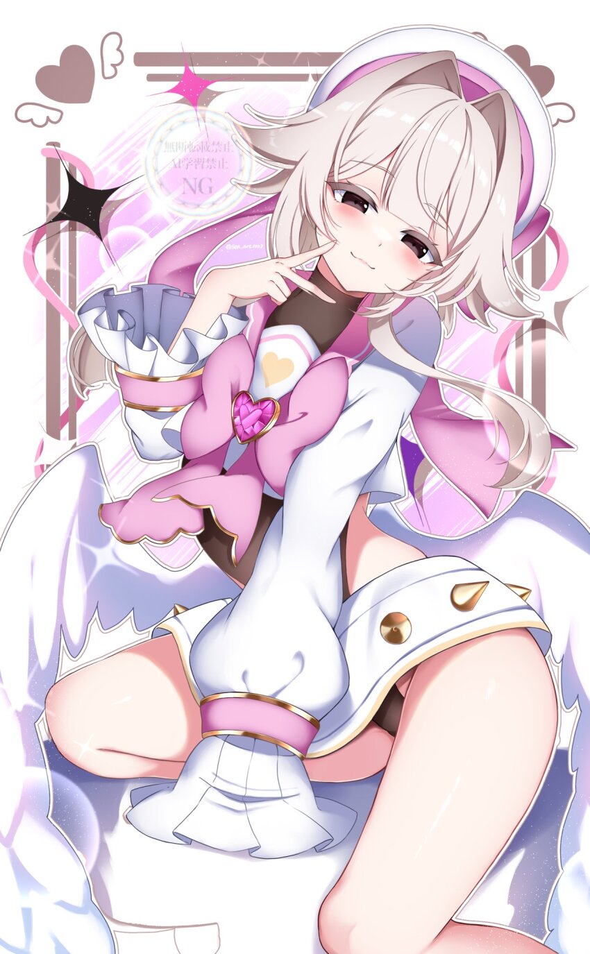 1girl, ahoge, beatmania_iidx, bemani, black_panties, blush, bow, brown_eyes, closed_mouth, commentary_request, hat, heart, highres, kneeling, long_sleeves, looking_at_viewer, mahou_shounen_(beatmania), midriff, panties, pink_bow, sen_chan_(akane1023), sleeves_past_wrists, smile, solo, underwear